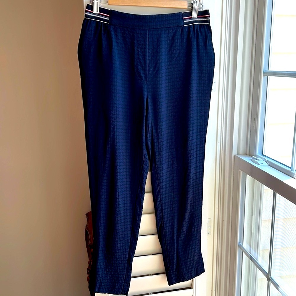 By Anthropologie Essential Pull On Navy Trouser High Rise Pockets Slit Ankle S